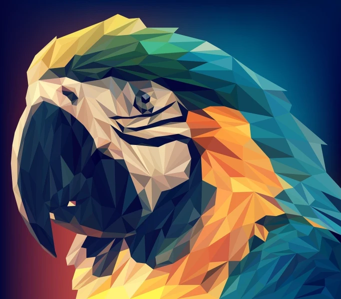 a close up of a colorful bird on a black background, vector art, by Paul Bird, shutterstock, crystal cubism, 2 d low polygon art, blue arara, 3 d artwork, fierce expression 4k