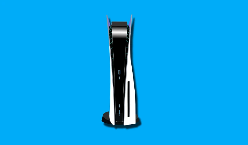 a black and white video game system on a blue background, ps5, illustration detailed, the console is tall and imposing, with a sleek spoiler