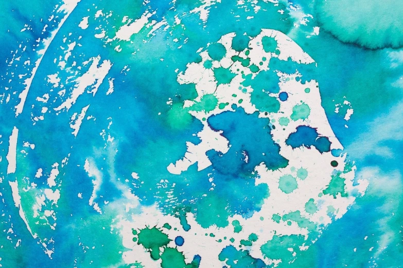a close up of a painting of a person on a surfboard, a watercolor painting, inspired by Sam Francis, flickr, action painting, cyan and green, white cyan, intricate ink painting detail, view from above on seascape