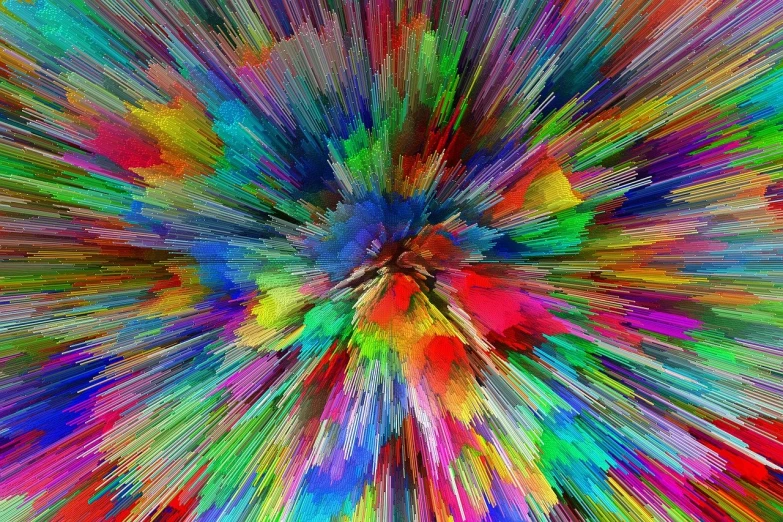 a colorful burst of paint on a black background, by Raymond Coxon, kinetic pointillism, 3d digital art, over saturated colors, 8k vertical wallpaper, refracted color lines