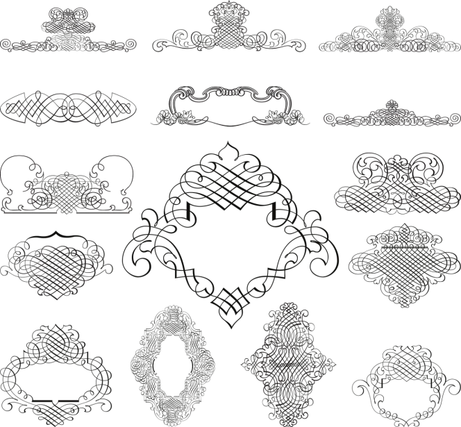 a set of decorative design elements on a black background, tumblr, background ( dark _ smokiness ), digital rendering, black fine lines, loli