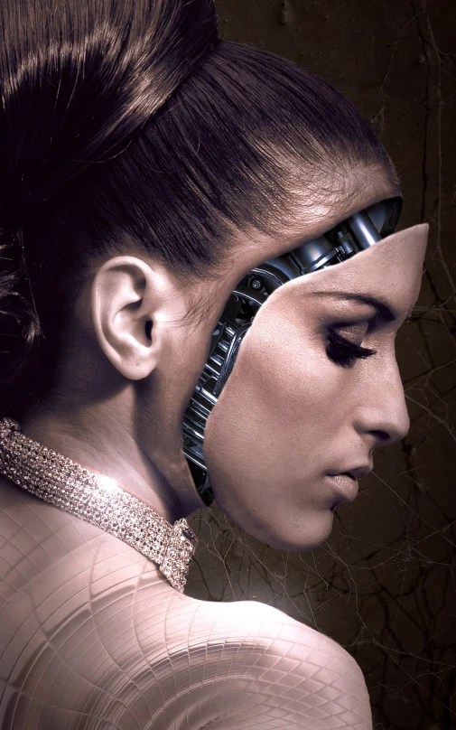a close up of a woman with a cell phone in her ear, inspired by Igor Morski, digital art, humanoid robot from ex machina, maya ali as a cyber sorceress, arca album cover, cronenberg automata