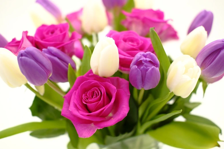 a vase filled with purple and white flowers, a picture, shutterstock, roses and tulips, 3 4 5 3 1, beautiful flower, pink rose