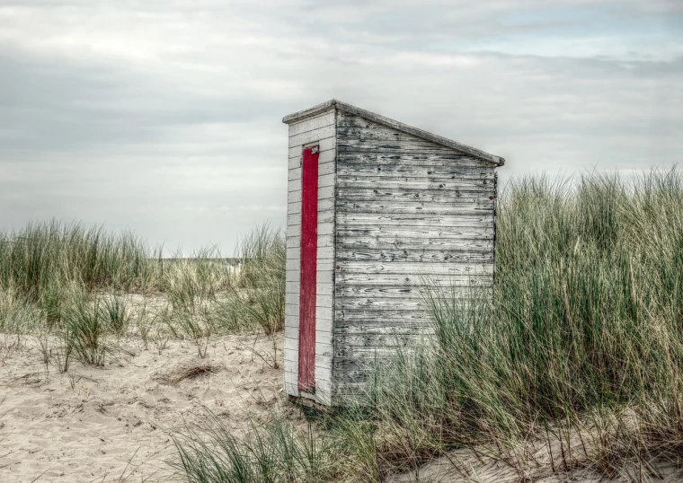 a beach hut sitting on top of a sandy beach, a photo, by Daniel Seghers, toilet, fine texture, red and white, marsh