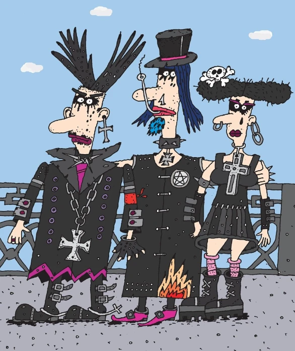 a group of cartoon characters standing next to each other, by Dirk Crabeth, international gothic, evil rock concert, bridge, very very well detailed image, wearing gothic accessories