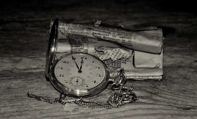 a pocket watch sitting on top of a wooden table, a still life, inspired by August Sander, flickr, newspaper clippings, monochrome:-2, old scroll, close photo