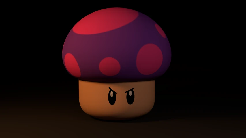 a close up of a mushroom on a black background, a raytraced image, inspired by Mario Dubsky, polycount, pink iconic character, gloomy face, fully rendered light to shadow, a character based on a haggis