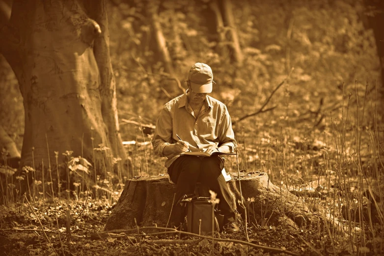 a man sitting on top of a tree stump, a photo, by Edward Corbett, writing in journal, retro stylised, old man doing hard work, forest clearing