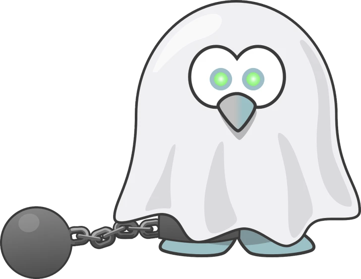 a cartoon ghost with a ball and chain, by Andrei Kolkoutine, pixabay, pet bird, club penguin, arrested, blank stare
