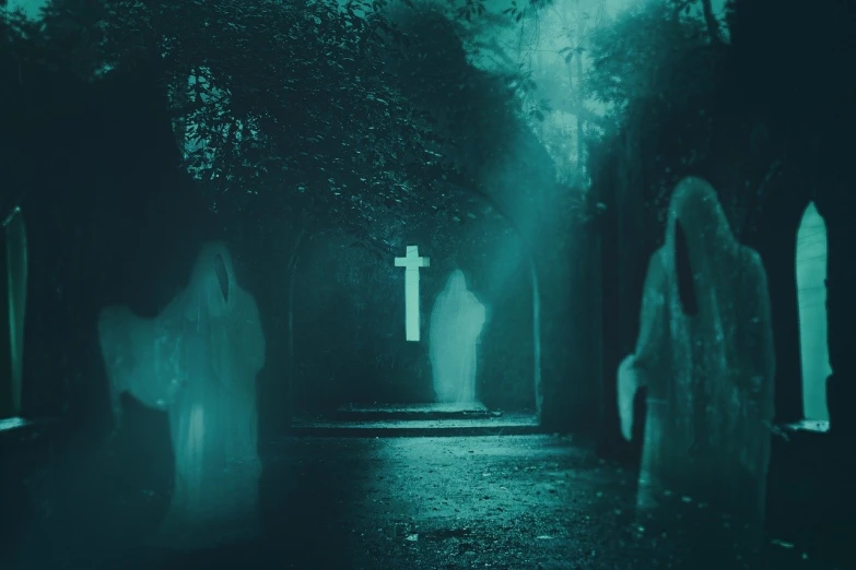 a group of ghostly people standing in front of a cross, shutterstock, crypt, cyan fog, horror footage