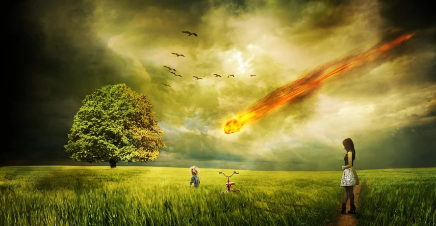 a woman standing in a field next to a tree, a picture, inspired by Alexander Jansson, fantasy art, meteor impact behind a dinosaur, mobile wallpaper, high quality fantasy stock photo, birds flying away from explosion
