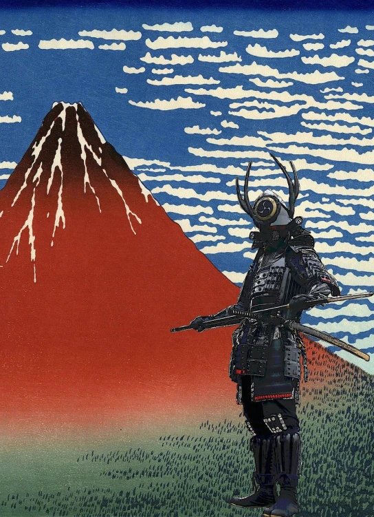 a painting of a samurai standing in front of a mountain, a screenprint, tumblr, segmented armor and sashimono, mount doom, ffffound, blotter art