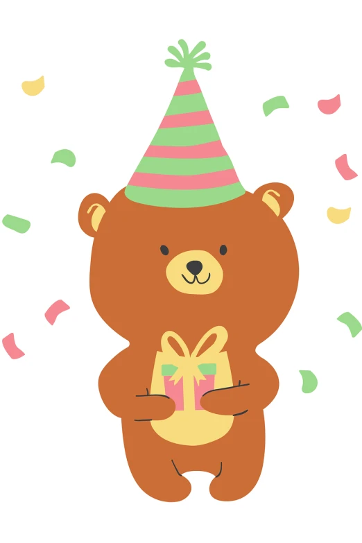 a brown bear wearing a party hat and holding a present, an illustration of, mingei, beautiful high resolution, birth, sprinkles, 1