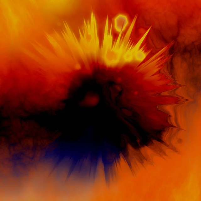 a close up of a flower with a blurry background, a digital painting, inspired by Otto Piene, flickr, metaphysical painting, eye of sauron, nuclear explosion background, completely consisting of fire, orange and blue colors