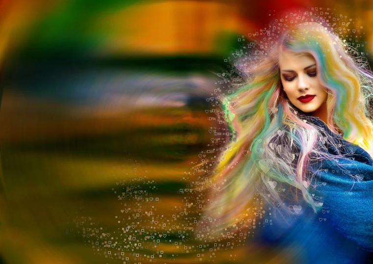 a close up of a person with colorful hair, digital art, digital art, fairy dust in the air, amazing contrasting background, a girl with blonde hair, full of colour w 1024