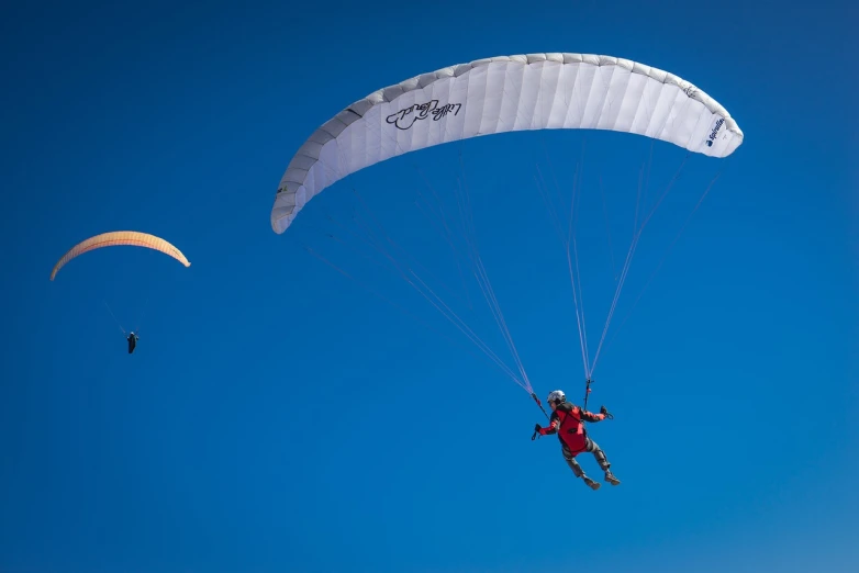 a person that is in the air with a parachute, a picture, by Julian Allen, shutterstock, ornithopter, hero shot, sport, 3 / 4 extra - wide shot