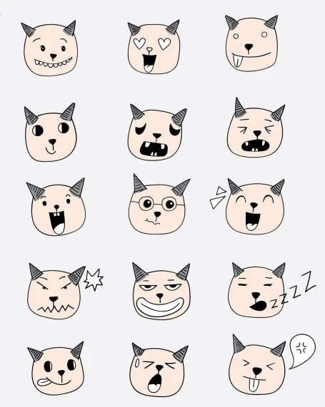 a bunch of cats with different expressions on their faces, vector art, mingei, devil smile, telegram sticker, simple line art, dog head