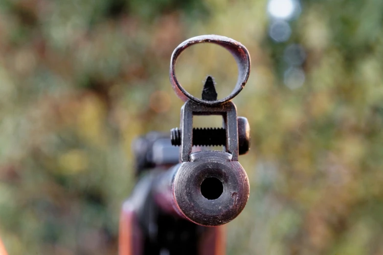 a close up of a gun with a ring on it, a macro photograph, by György Vastagh, pixabay, realism, anti-tank rifle, photo taken from behind, close up front view, looking from slightly below