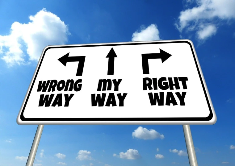 a street sign with two arrows pointing in opposite directions, by Scott M. Fischer, pixabay, precisionism, the right from wrong, each wish resign ’ d, sunny sky, on his right hand