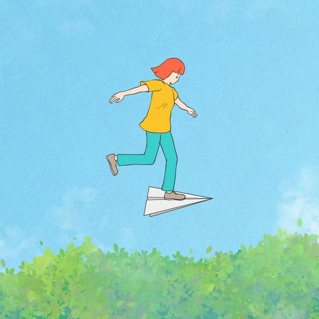 a man flying through the air on top of a paper plane, concept art, inspired by Quint Buchholz, the anime girl is running, an animation cel of dana scully, joan cornella, origami
