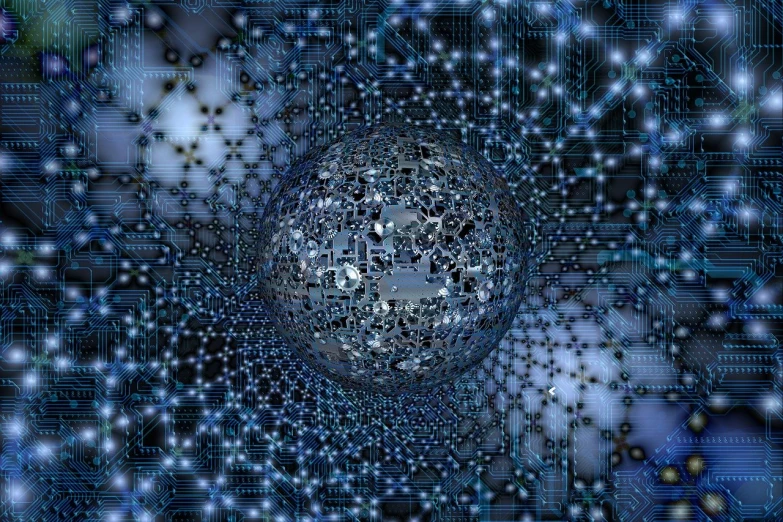 a close up of a computer circuit board, by Jon Coffelt, digital art, photo of a dyson sphere, blue marble, infinite fractal tesseract, grid and web