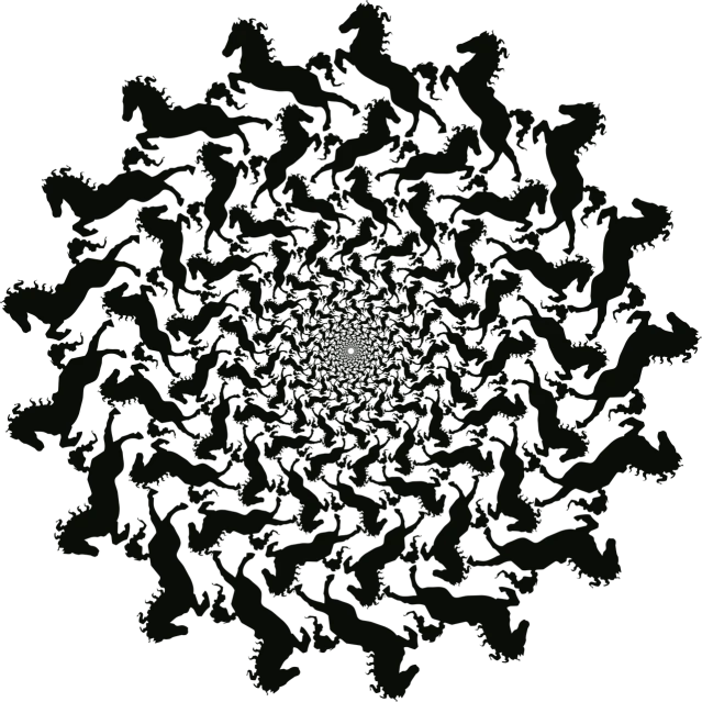 a circular pattern of silhouettes of animals on a black background, inspired by Benoit B. Mandelbrot, the horse above, sharp focus vector centered, void vortex, centred in image