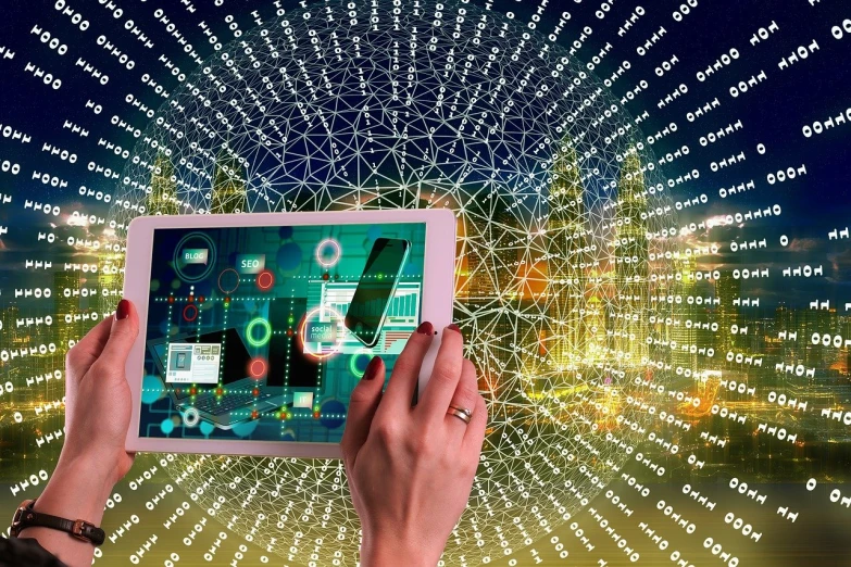 a person holding a tablet with a city in the background, pixabay, digital art, matrix code, cybernetic webs, 🐋 as 🐘 as 🤖 as 👽 as 🐳, high-tech devices