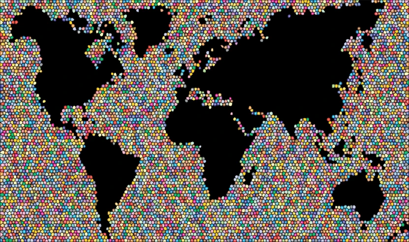 a pixel map of the world on a blue background, inspired by Yahoo Kusama, pointillism, on a dark background, okuda, bubble background, everything is made of candy