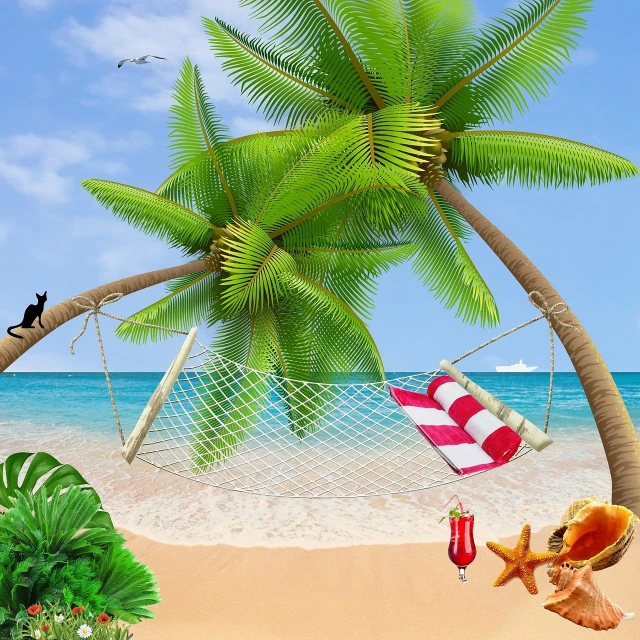 a hammock hanging from a palm tree on a beach, a digital rendering, wallpaper mobile, high res, dlsr photo