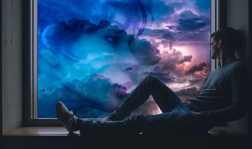 a man sitting on a window sill looking out a window, inspired by Cyril Rolando, trending on pexels, digital art, face made out of clouds, lying on an abstract, girl clouds, multiple exposure