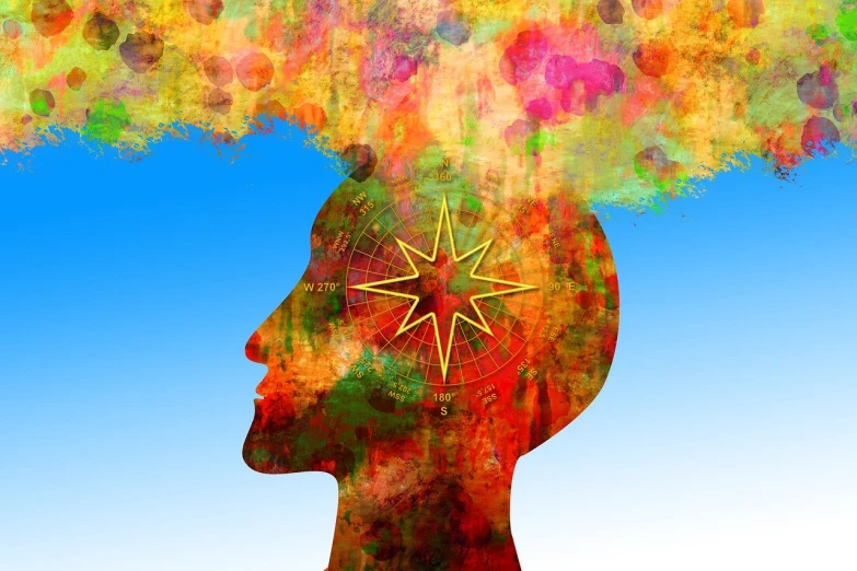 a close up of a person's head with a star on it, trending on pixabay, metaphysical painting, colorful aura, on a bright day, brainstorm, viewed in profile