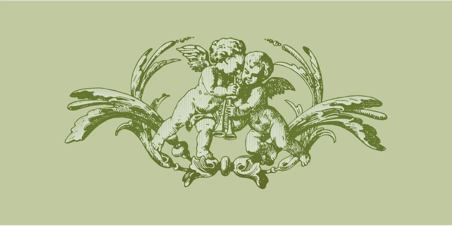 a drawing of an angel holding a baby, an engraving, pixabay, baroque, sage green, joyous trumpets, engraved vector, twins