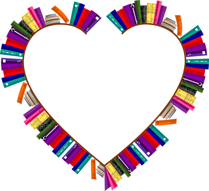 a heart made out of books on a black background, an illustration of, frame around pciture, a brightly coloured, clip art, [[fantasy]]