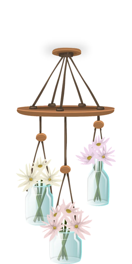 three hanging glass vases with flowers in them, a digital rendering, pixabay contest winner, folk art, daisy, wooden, rotating, 3 / 4 view portrait