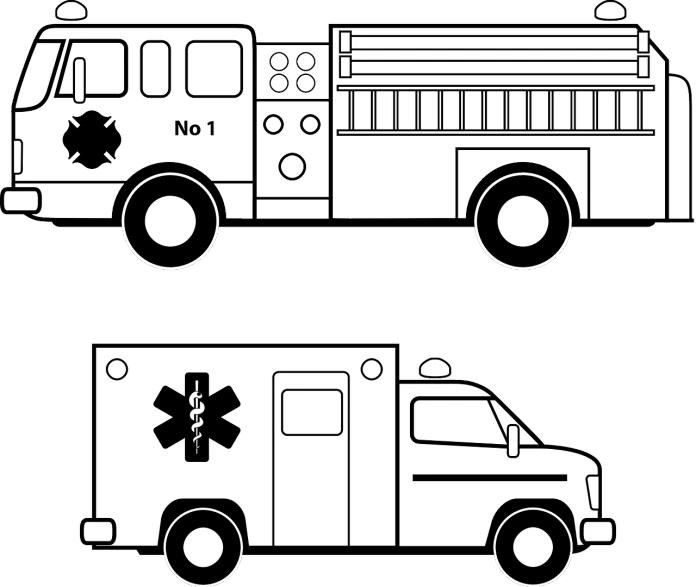 a black and white picture of a fire truck, lineart, by Jesse Richards, top and side view, emergency room, a brightly colored, cutest