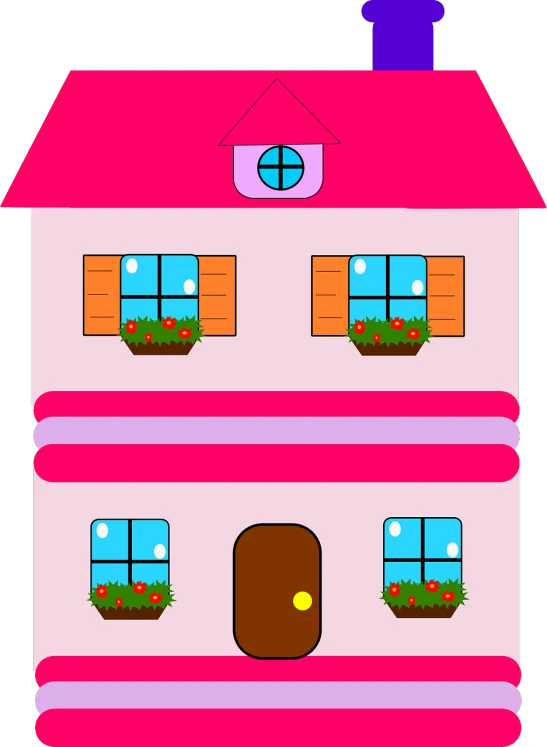 a pink house with a brown door and windows, a digital rendering, naive art, childrens toy, view from below, whole page illustration, full color illustration