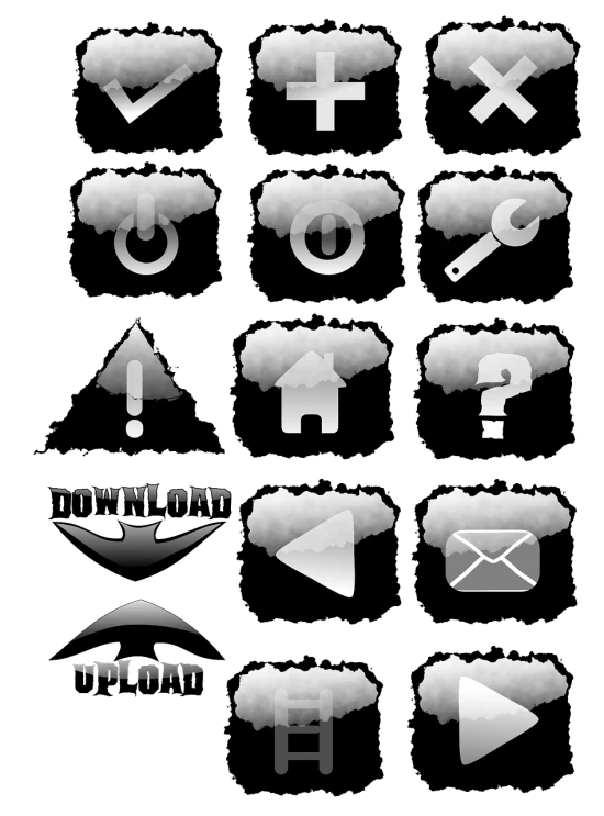 a bunch of different types of clouds on a black background, a screenshot, deviantart, computer art, floating symbols and crystals, black and white vector, toggles, keys