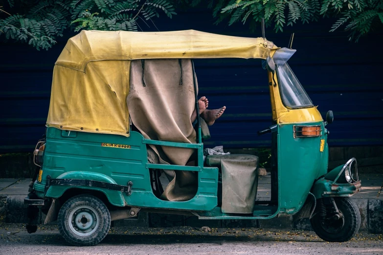 a man sitting in the back of a green tuk - tuk, unsplash, renaissance, indian, fully covered in drapes, 🦩🪐🐞👩🏻🦳, automobile