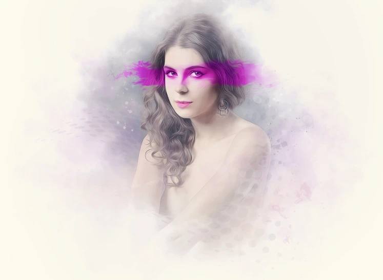 a woman with purple makeup posing for a picture, an airbrush painting, digital art, foggy effect, colored photo, stylized beauty portrait, glowing pink eyes