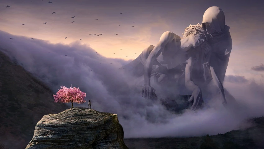 a tree that is sitting on top of a rock, a matte painting, Artstation contest winner, fantasy art, a dragon made of clouds, forest pink fog planet, matte painting of human mind, dojo on a mountain