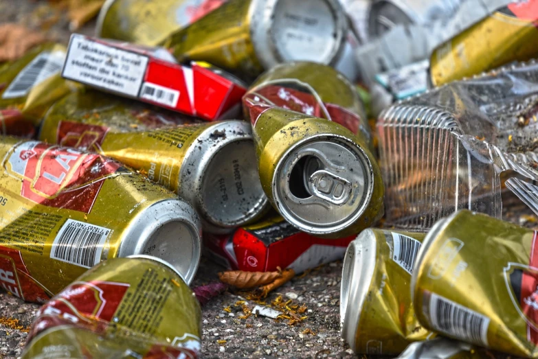 a pile of cans sitting on the ground, pexels, bits of broken light, !!award-winning!!, photorealism. trending on flickr, duff beer