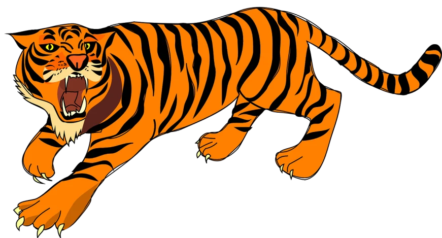 a drawing of a tiger on a black background, an illustration of, flickr, cell shaded cartoon, wide long shot, orange and black, crawling