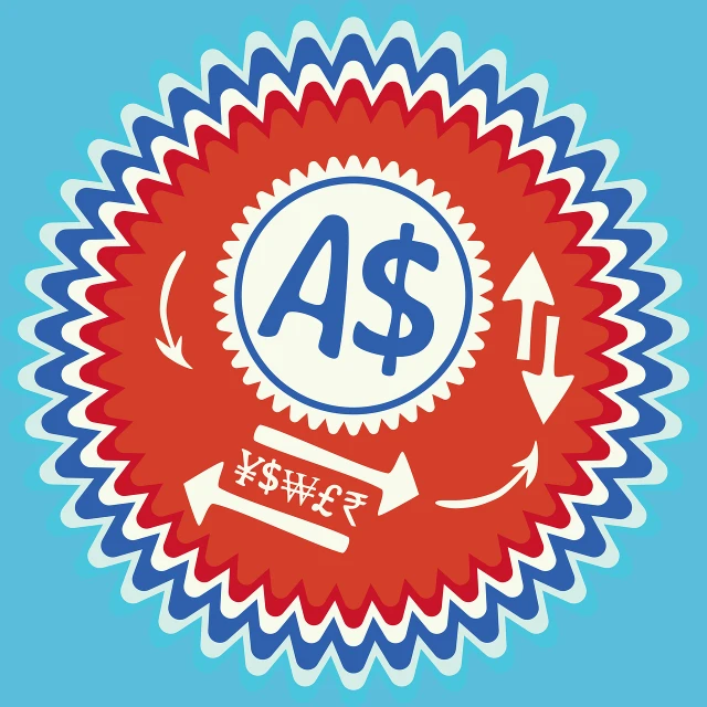 a red, white and blue sticker with a dollar sign on it, a screenprint, by Austin English, behance contest winner, rosette, !!! very coherent!!! vector art, currency symbols printed, worksafe. illustration