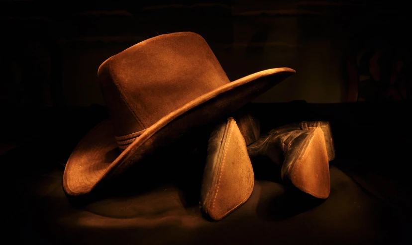 a brown hat sitting on top of a black table, by Linda Sutton, pexels, digital art, the cowboy in the weird west, with dramatic lighting, leather and suede, production still