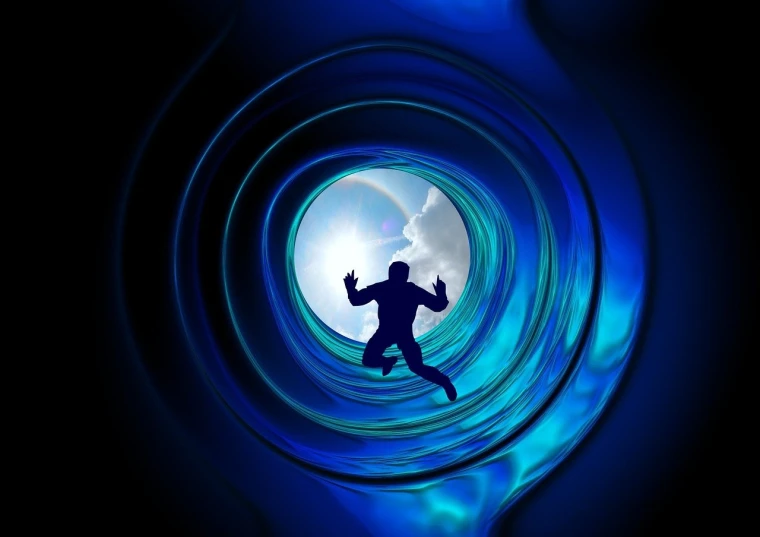 a silhouette of a man running through a tunnel, inspired by Storm Thorgerson, digital art, surfing a barrel wave, blue rays from tv, low angle photo, high res photo