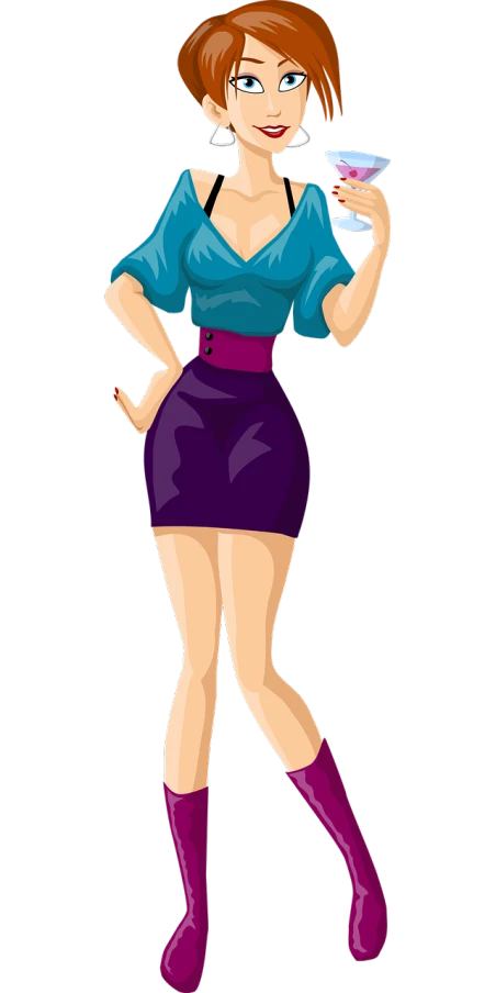 a woman in a short skirt holding a wine glass, inspired by Tex Avery, deviantart, tachisme, background image, cartoon image, standing with a black background, girl in a dress