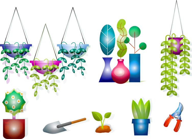 a bunch of plants that are next to each other, by Marie Bashkirtseff, trending on polycount, plasticien, bright glowing instruments, clipart, hanging gardens, on a flat color black background