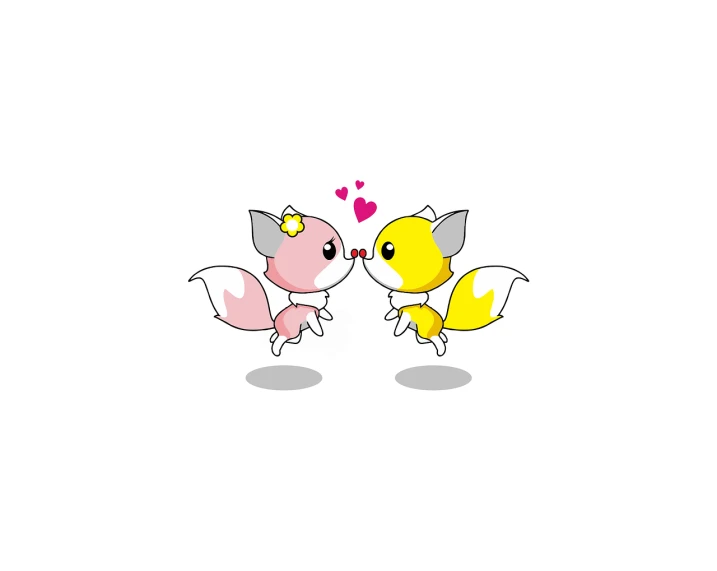 a couple of foxes standing next to each other, a cartoon, romanticism, pink and yellow, kissing together cutely, japanese mascot, image