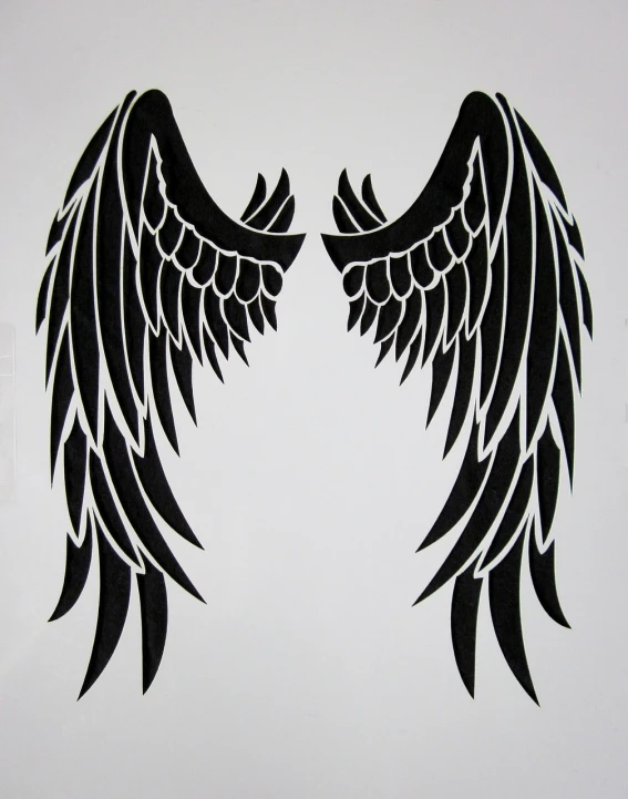 two black and white wings on a white background, by Wen Boren, baroque, black stencil, big angel wings wide open, rotated left right front back, tribal