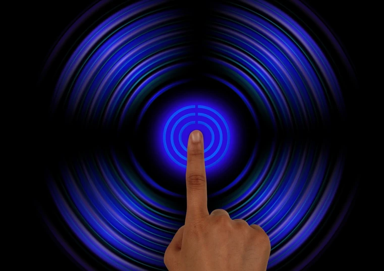 a close up of a person's finger with a blurry background, a stock photo, interactive art, doppler effect, blue neon, with pointing finger, radiating with power